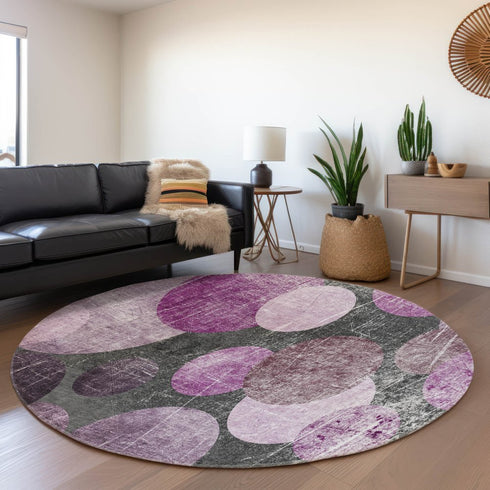 8' Cabernet And Ivory Abstract Washable Round Rug With UV Protection