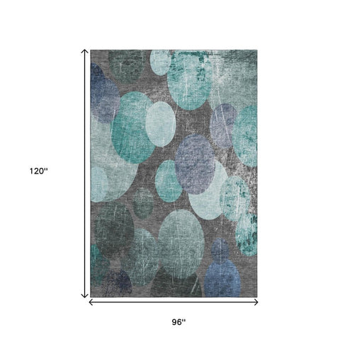 8' X 10' Teal And Gray Abstract Washable Area Rug With UV Protection
