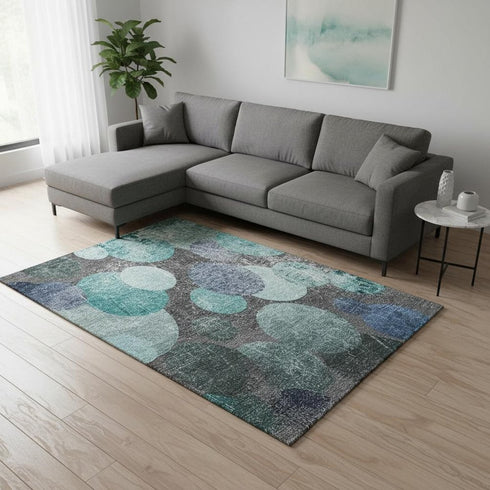 8' X 10' Teal And Gray Abstract Washable Area Rug With UV Protection