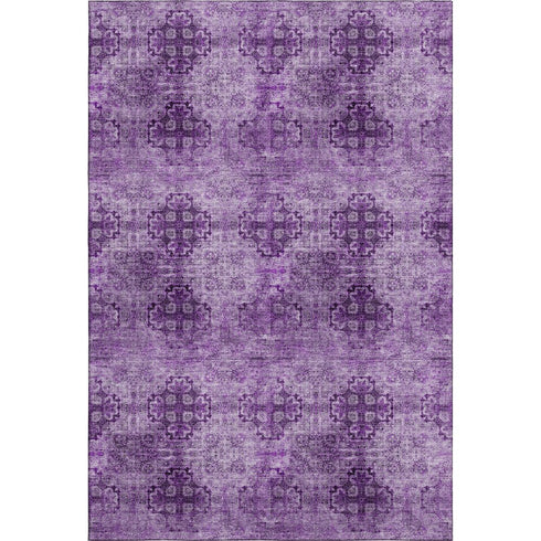 9' X 12' Eggplant And Ivory Floral Medallion Distressed Washable Area Rug With UV Protection