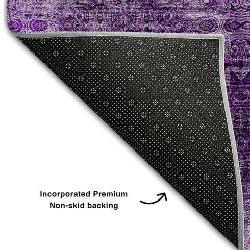9' X 12' Eggplant And Ivory Floral Medallion Distressed Washable Area Rug With UV Protection
