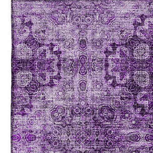 9' X 12' Eggplant And Ivory Floral Medallion Distressed Washable Area Rug With UV Protection