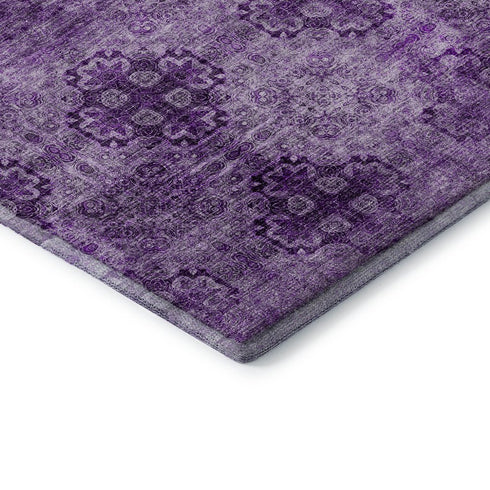 9' X 12' Eggplant And Ivory Floral Medallion Distressed Washable Area Rug With UV Protection