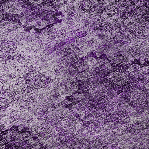 9' X 12' Eggplant And Ivory Floral Medallion Distressed Washable Area Rug With UV Protection