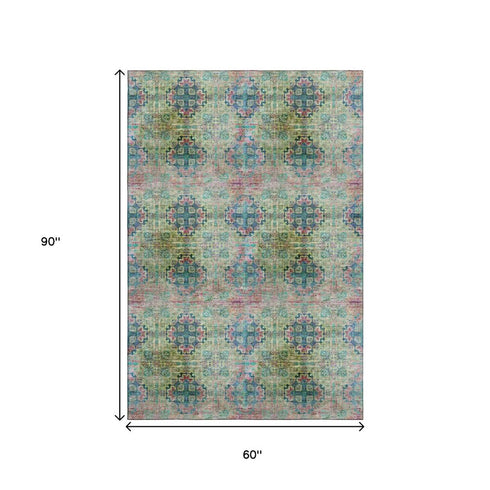 9' X 12' Green Blush And Teal Floral Medallion Distressed Washable Area Rug With UV Protection