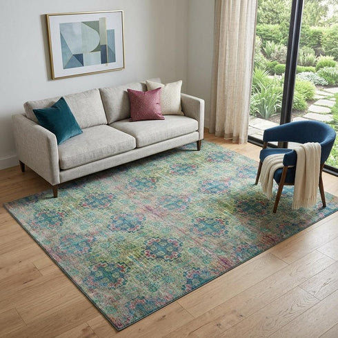 9' X 12' Green Blush And Teal Floral Medallion Distressed Washable Area Rug With UV Protection