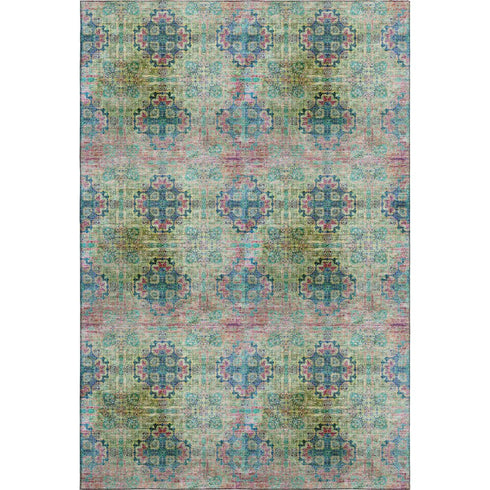 9' X 12' Green Blush And Teal Floral Medallion Distressed Washable Area Rug With UV Protection
