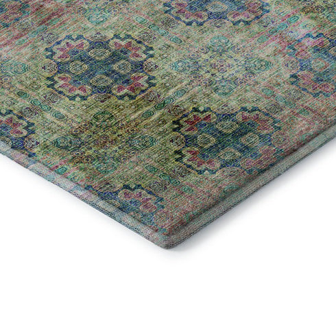 9' X 12' Green Blush And Teal Floral Medallion Distressed Washable Area Rug With UV Protection
