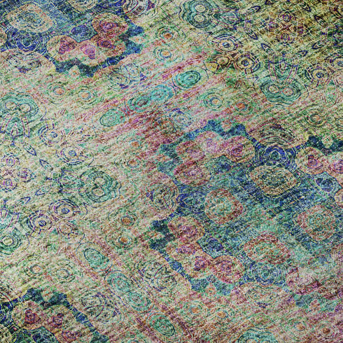 9' X 12' Green Blush And Teal Floral Medallion Distressed Washable Area Rug With UV Protection