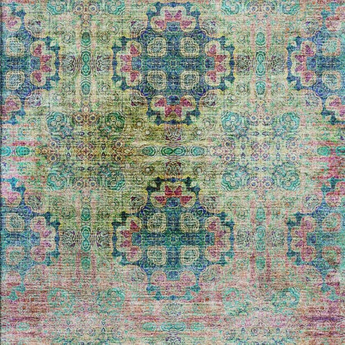 9' X 12' Green Blush And Teal Floral Medallion Distressed Washable Area Rug With UV Protection