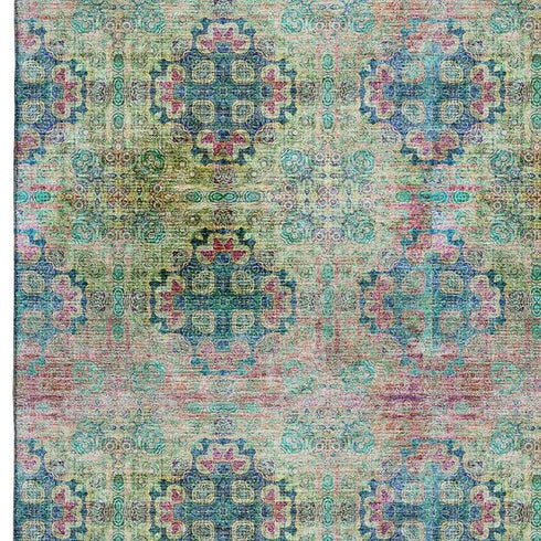 9' X 12' Green Blush And Teal Floral Medallion Distressed Washable Area Rug With UV Protection