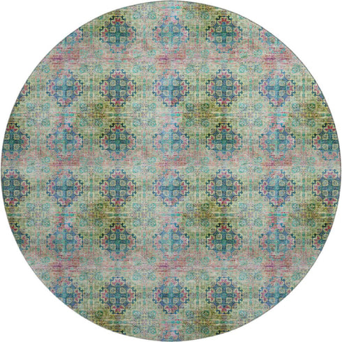 9' X 12' Green Blush And Teal Floral Medallion Distressed Washable Area Rug With UV Protection