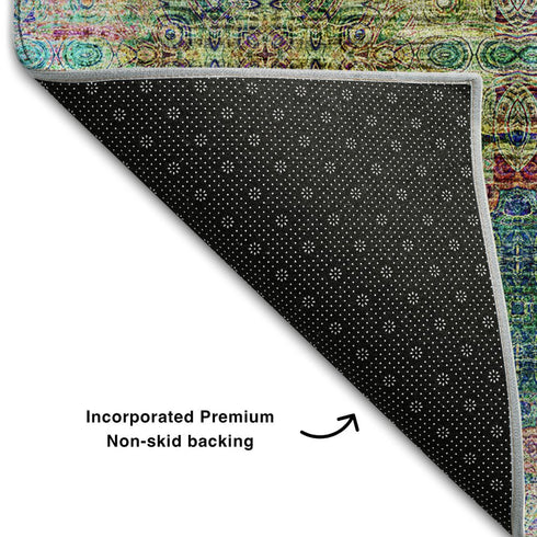 9' X 12' Green Blush And Teal Floral Medallion Distressed Washable Area Rug With UV Protection