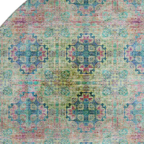 9' X 12' Green Blush And Teal Floral Medallion Distressed Washable Area Rug With UV Protection