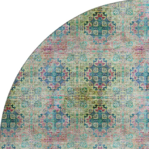 9' X 12' Green Blush And Teal Floral Medallion Distressed Washable Area Rug With UV Protection