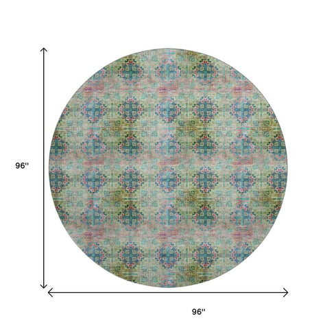 9' X 12' Green Blush And Teal Floral Medallion Distressed Washable Area Rug With UV Protection