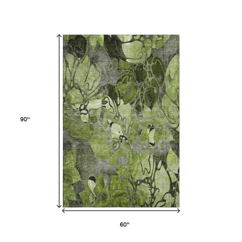 9' X 12' Fern Green And Gray Abstract Distressed Washable Area Rug With UV Protection
