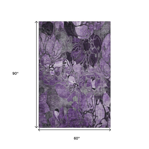 9' X 12' Purple And Ivory Abstract Distressed Washable Area Rug With UV Protection