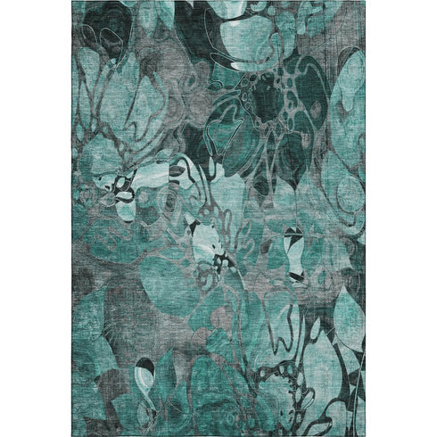 9' X 12' Teal And Gray Floral Washable Area Rug With UV Protection