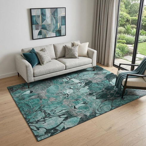 9' X 12' Teal And Gray Floral Washable Area Rug With UV Protection