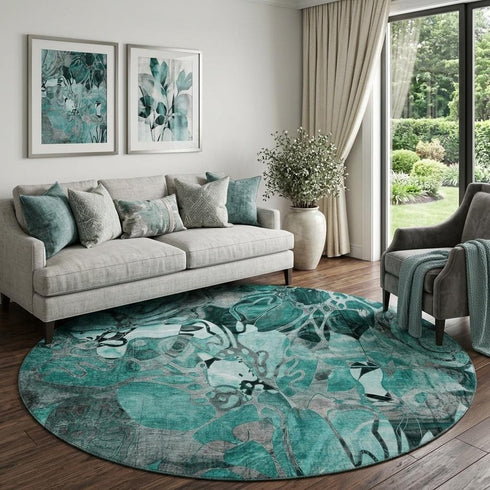 9' X 12' Teal And Gray Floral Washable Area Rug With UV Protection