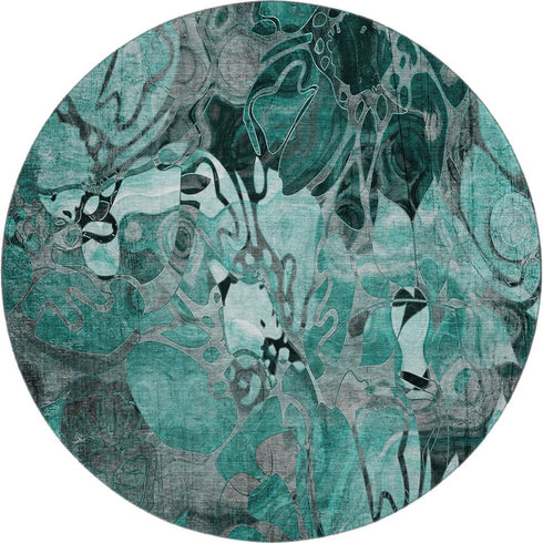 9' X 12' Teal And Gray Floral Washable Area Rug With UV Protection