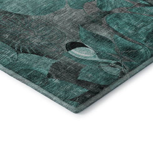 9' X 12' Teal And Gray Floral Washable Area Rug With UV Protection