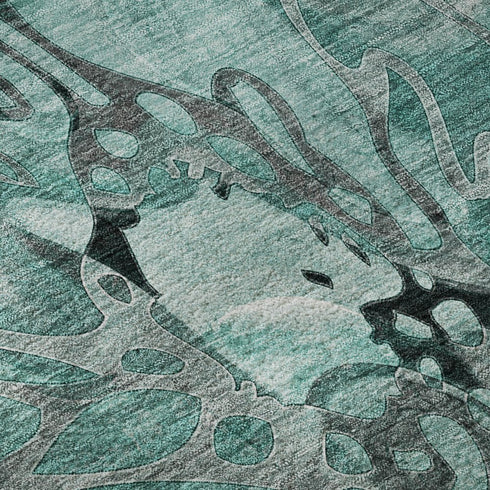 9' X 12' Teal And Gray Floral Washable Area Rug With UV Protection