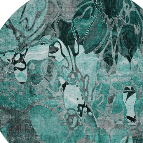 9' X 12' Teal And Gray Floral Washable Area Rug With UV Protection