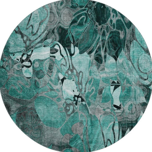 9' X 12' Teal And Gray Floral Washable Area Rug With UV Protection