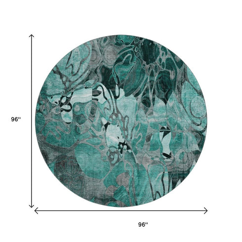 9' X 12' Teal And Gray Floral Washable Area Rug With UV Protection