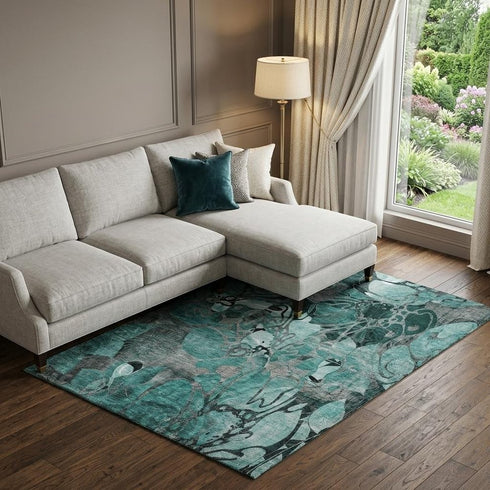 9' X 12' Teal And Gray Floral Washable Area Rug With UV Protection