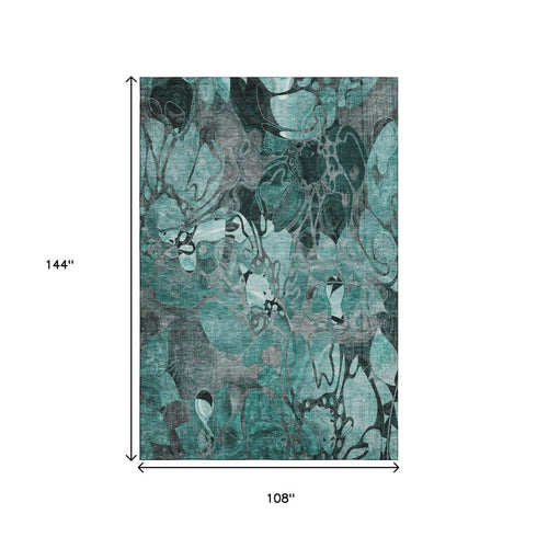 9' X 12' Teal And Gray Floral Washable Area Rug With UV Protection