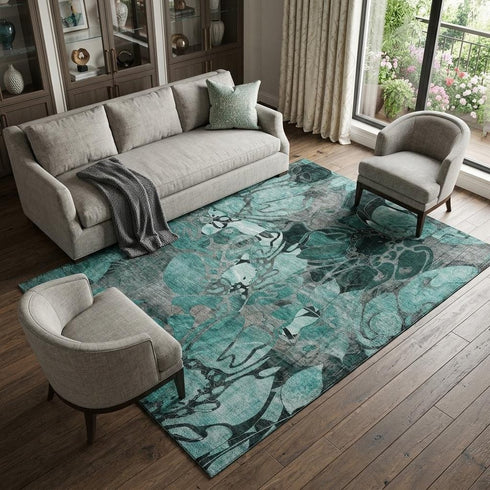 9' X 12' Teal And Gray Floral Washable Area Rug With UV Protection