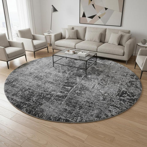 8' Gray And Ivory Abstract Washable Round Rug With UV Protection