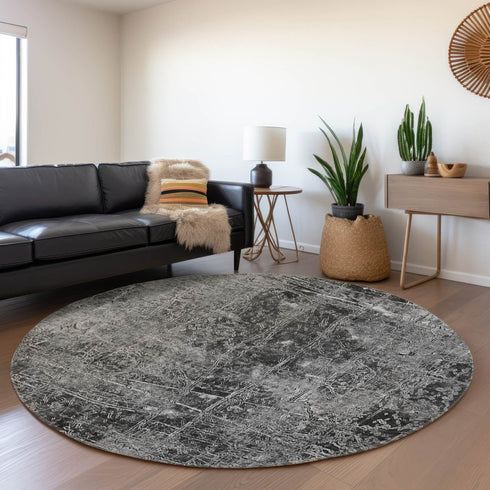 8' Gray And Ivory Abstract Washable Round Rug With UV Protection