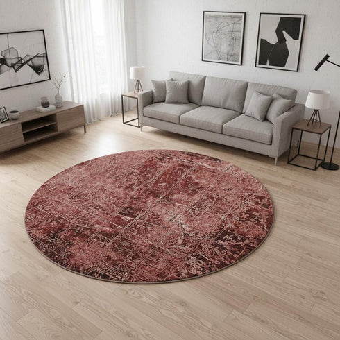 8' Merlot And Ivory Abstract Washable Round Rug With UV Protection