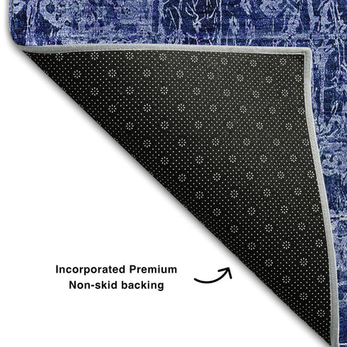 5' X 8' Navy Blue And Ivory Abstract Washable Area Rug With UV Protection