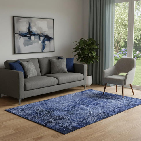5' X 8' Navy Blue And Ivory Abstract Washable Area Rug With UV Protection