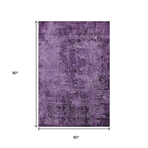 5' X 8' Purple And Ivory Abstract Washable Area Rug With UV Protection
