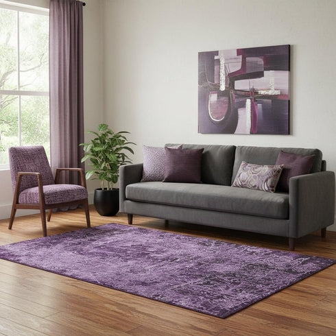 5' X 8' Purple And Ivory Abstract Washable Area Rug With UV Protection