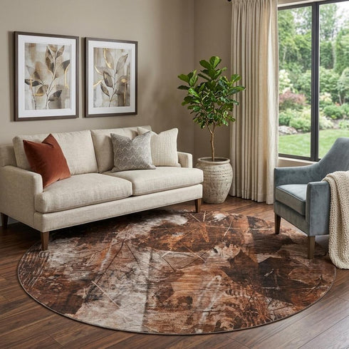 9' X 12' Rust And Ivory Floral Washable Area Rug With UV Protection