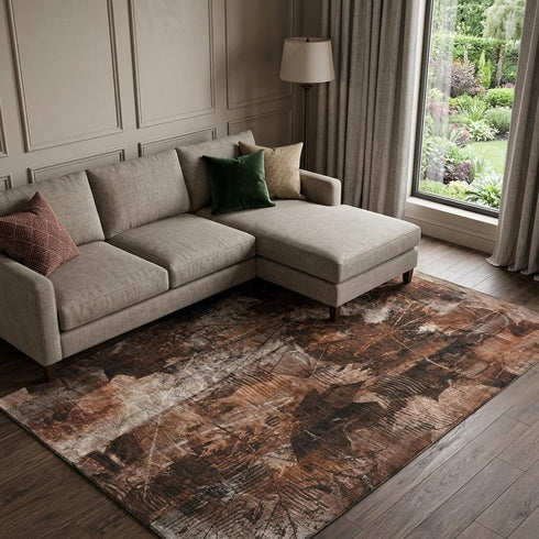 9' X 12' Rust And Ivory Floral Washable Area Rug With UV Protection
