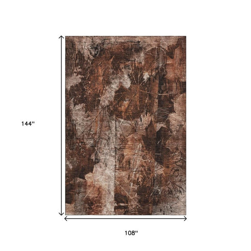 9' X 12' Rust And Ivory Floral Washable Area Rug With UV Protection