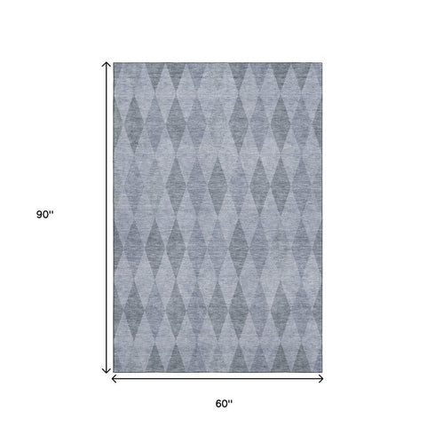 9' X 12' Denim Blue And Ivory Geometric Washable Area Rug With UV Protection