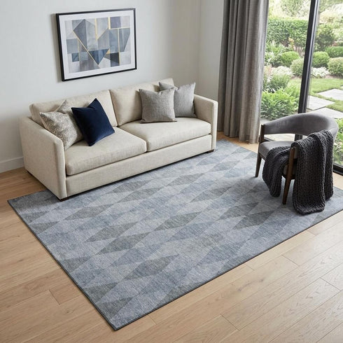 9' X 12' Denim Blue And Ivory Geometric Washable Area Rug With UV Protection