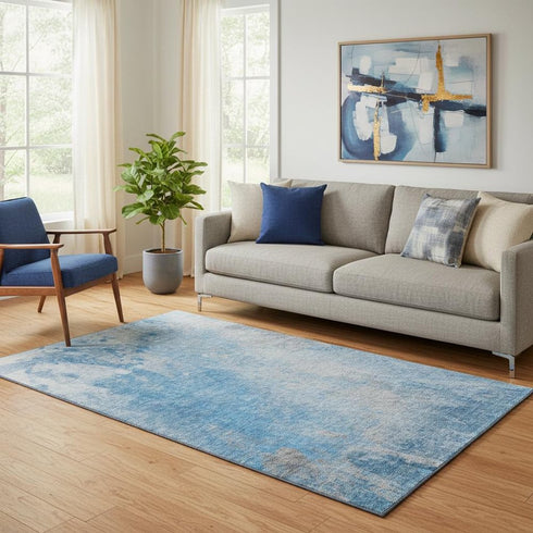 5' X 8' Blue And Gray Abstract Washable Area Rug With UV Protection
