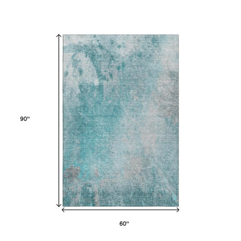 5' X 8' Teal And Gray Abstract Washable Area Rug With UV Protection