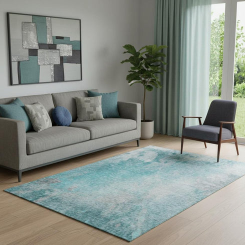 5' X 8' Teal And Gray Abstract Washable Area Rug With UV Protection