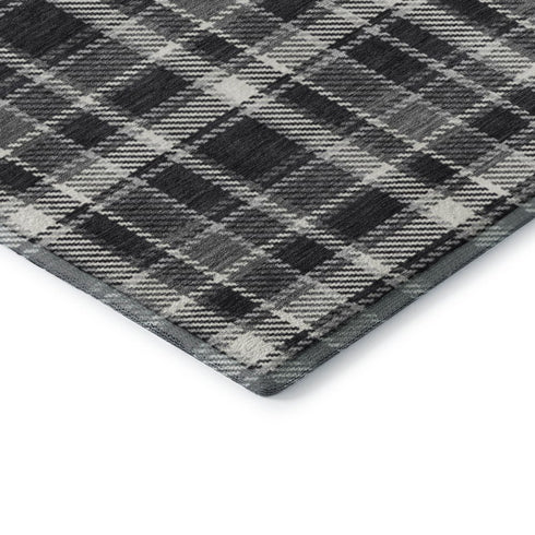 9' X 12' Black And Ivory Plaid Washable Area Rug With UV Protection